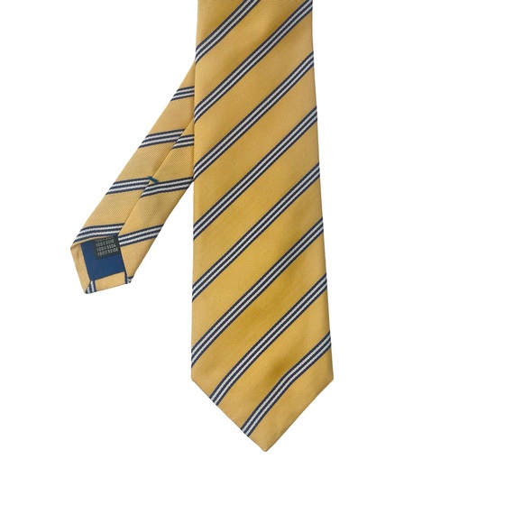 John G. Hardy of London Men’s Silk Yellow Blue White Stripe Weave Woven Tie - Picture 2 of 4